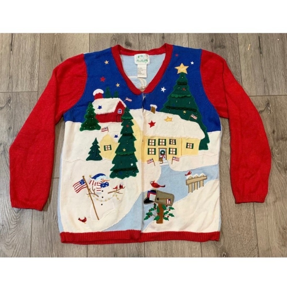 Quacker Factory Christmas Winter Patriotic Cardigan Sweater Vintage Retro Y2K M